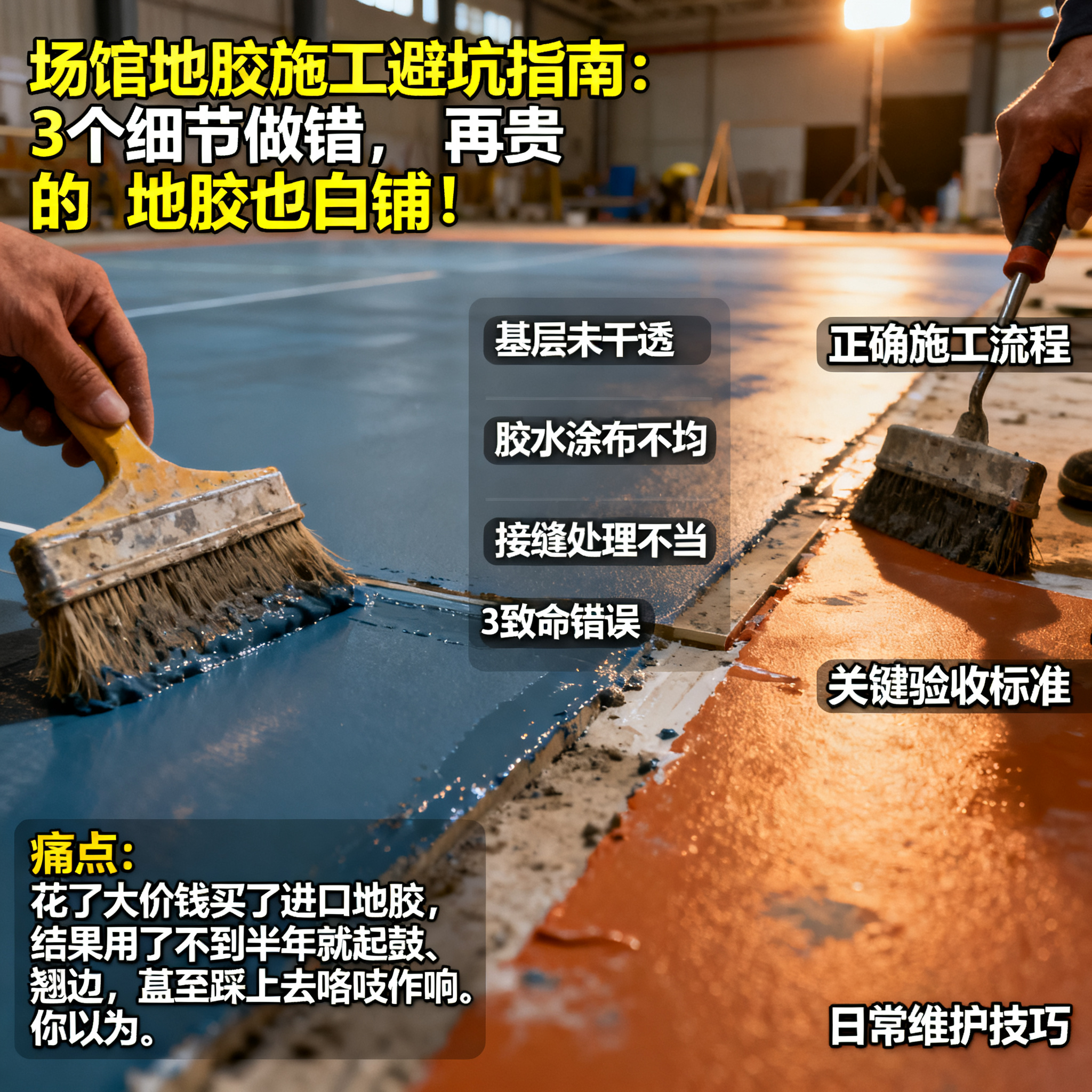 场馆地胶施工避坑指南:3个细节做错,再贵的地胶也白铺!