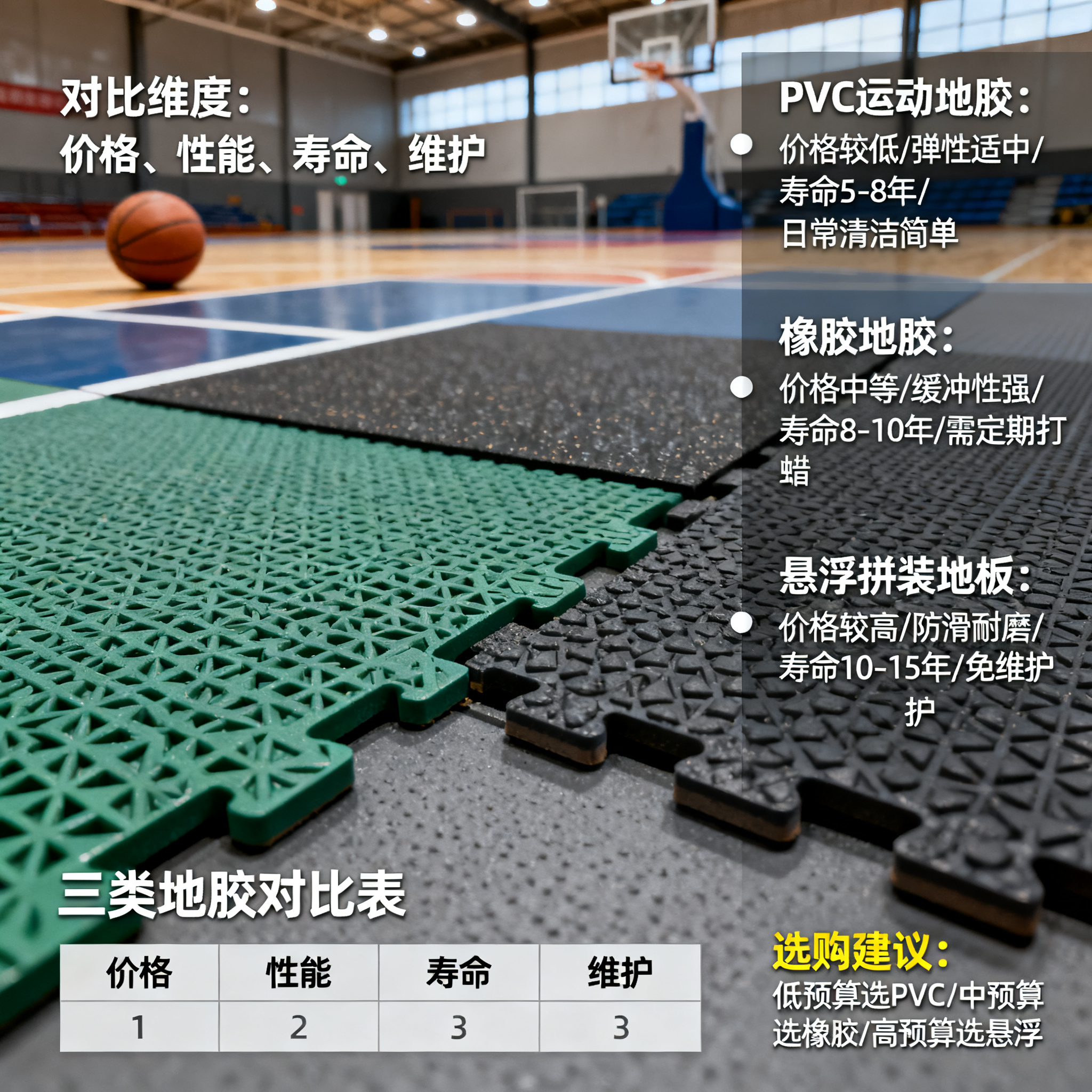 PVC运动地胶VS橡胶地胶VS悬浮拼装地板，谁才是性价比之王？