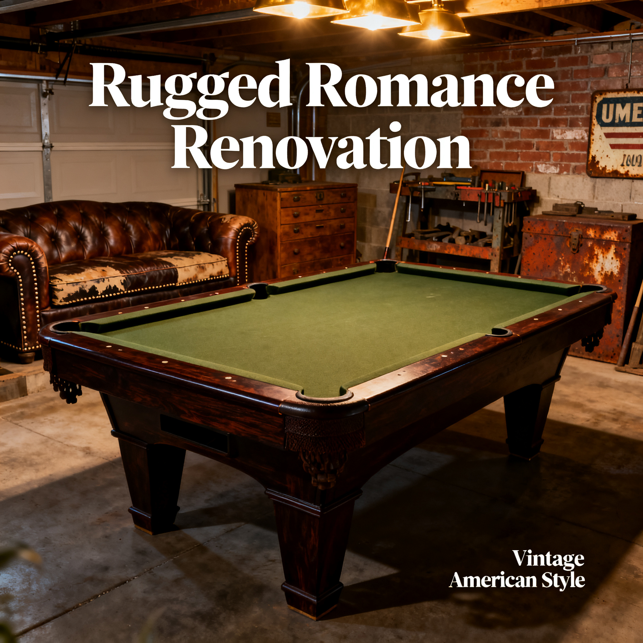 Basement/Garage Renovation Plan: Billiard Table + Vintage American Decor, an Unmistakable Rugged Romance