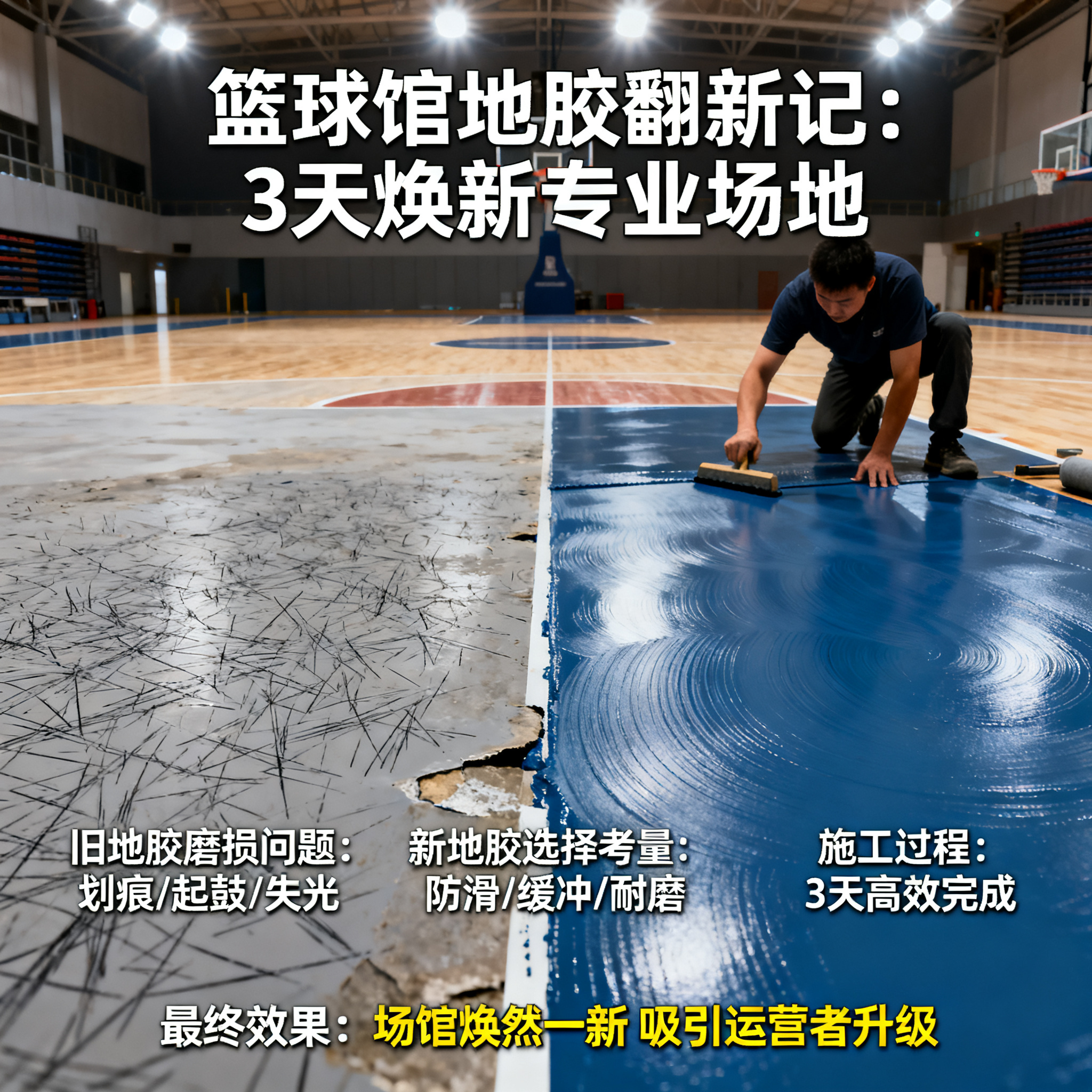 篮球馆地胶翻新记:从破旧到专业,只用了3天!