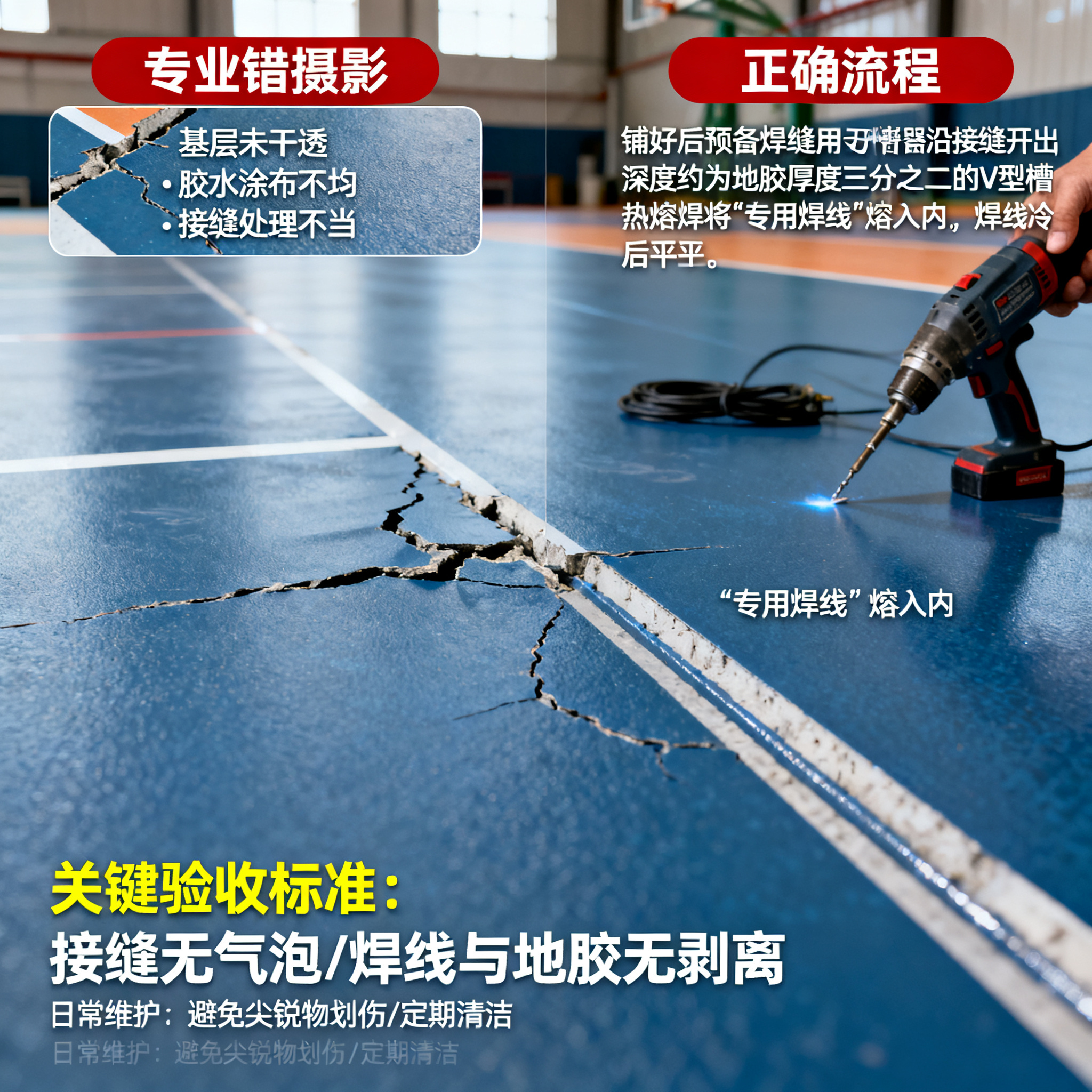 场馆地胶施工避坑指南:3个细节做错,再贵的地胶也白铺!