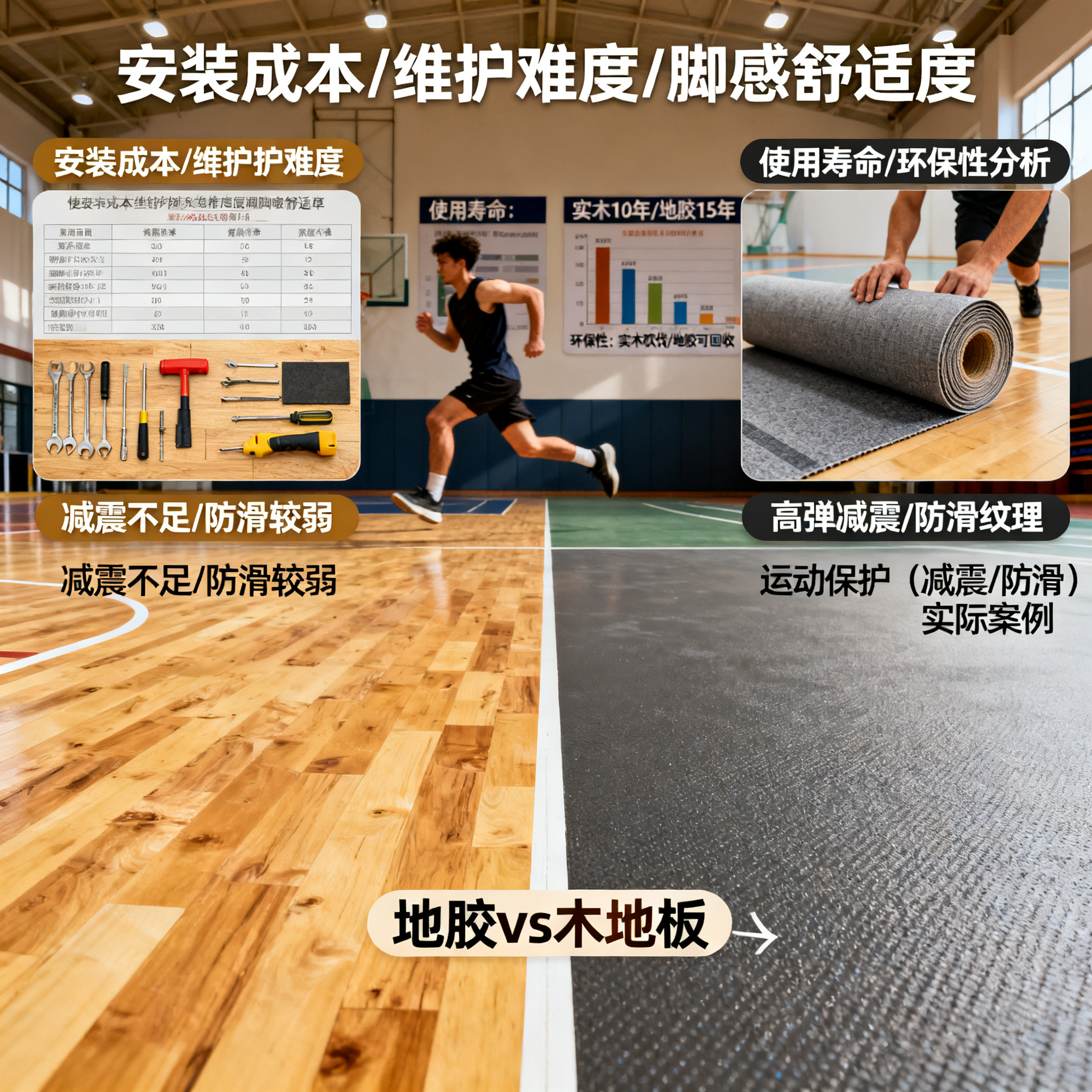 运动场馆地面改造必看：地胶 vs 木地板，实测对比后我后悔了！