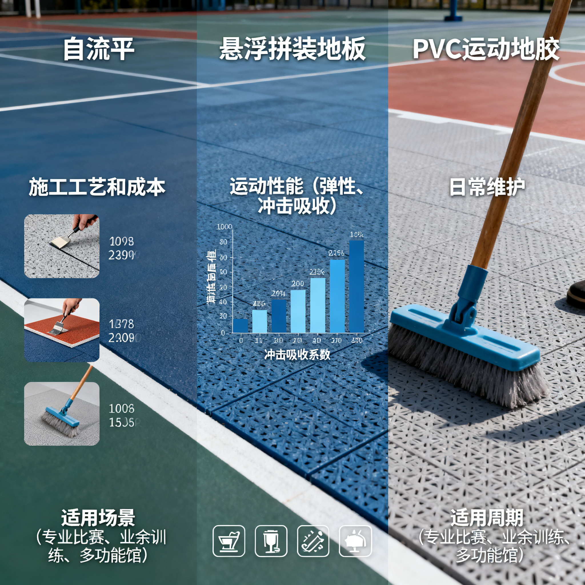 自流平 vs 悬浮拼装 vs 地胶，三种场馆地面材料全面对比，看完不纠结