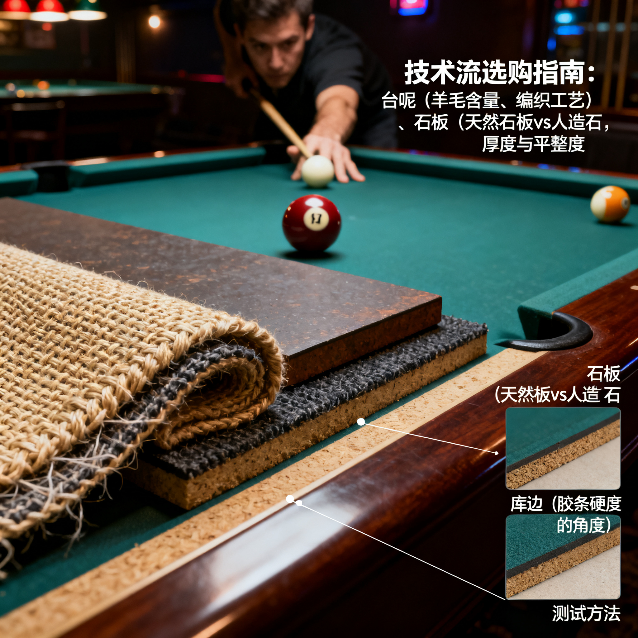 选购台球桌必看:台呢、石板与库边的材质深度解析