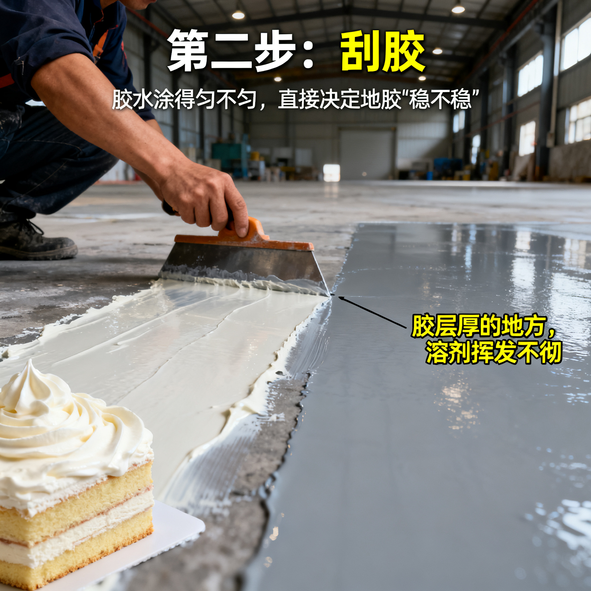 第二步:刮胶——胶水涂得匀不匀,直接决定地胶“稳不稳”
