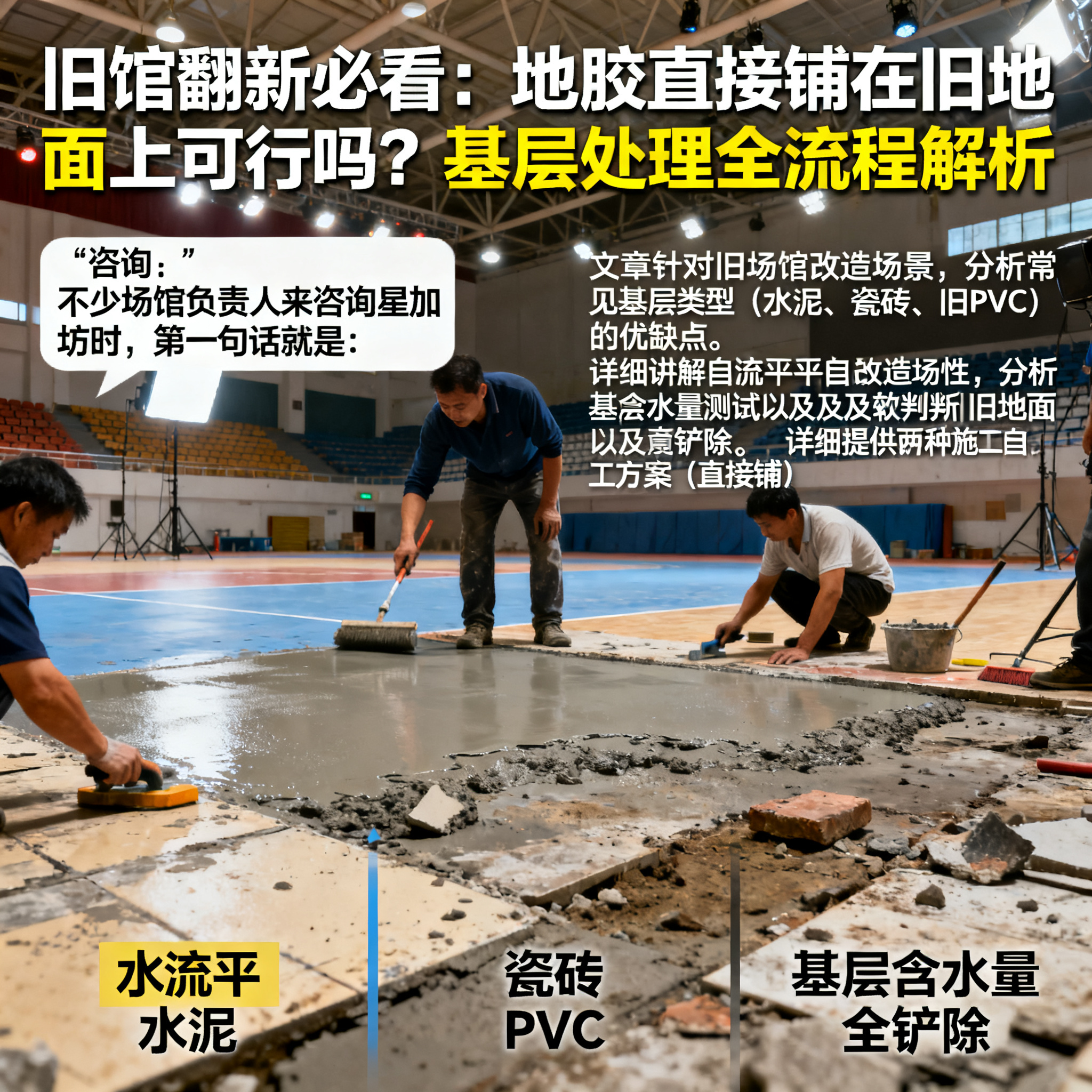 旧馆翻新必看:地胶直接铺在旧地面上可行吗?基层处理全流程解析