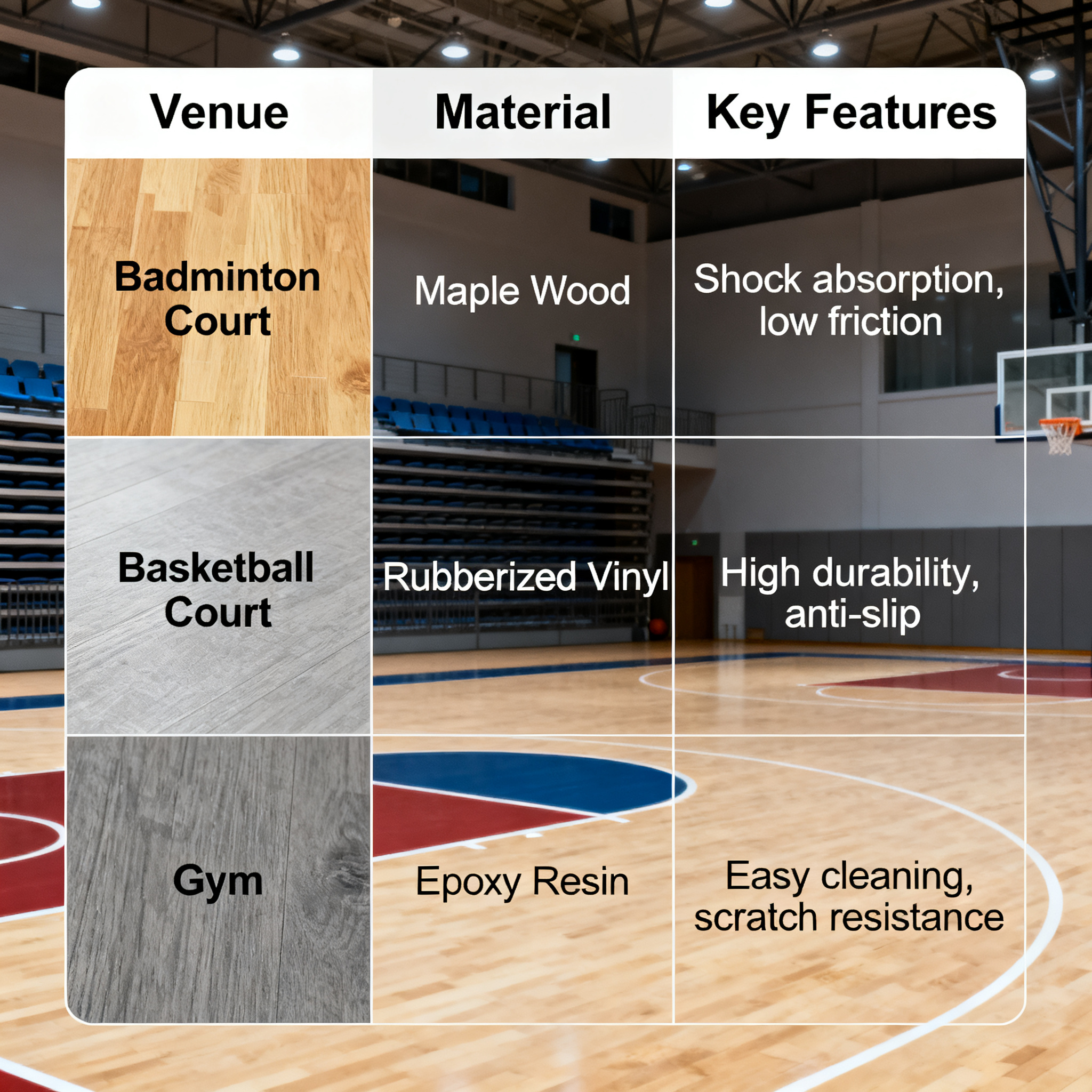 How to Choose Flooring for Badminton Courts, Basketball Courts, and Gyms? A Table to Understand Material Differences Across Venues