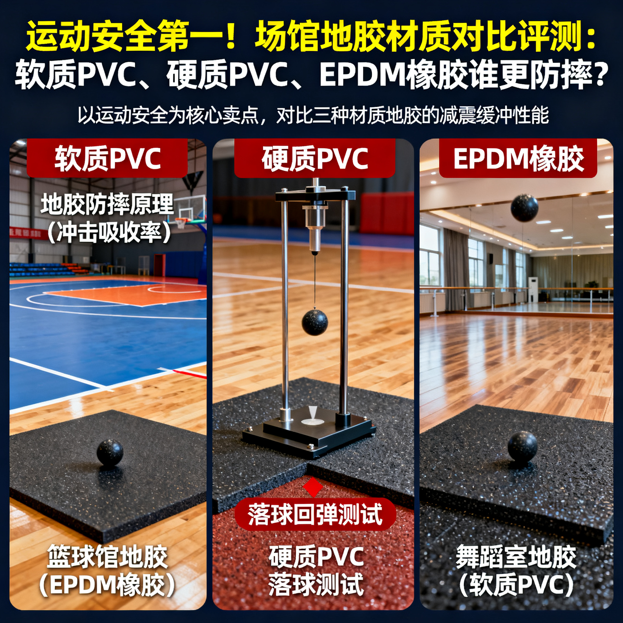 运动安全第一!场馆地胶材质对比评测:软质PVC、硬质PVC、EPDM橡胶谁更防摔?