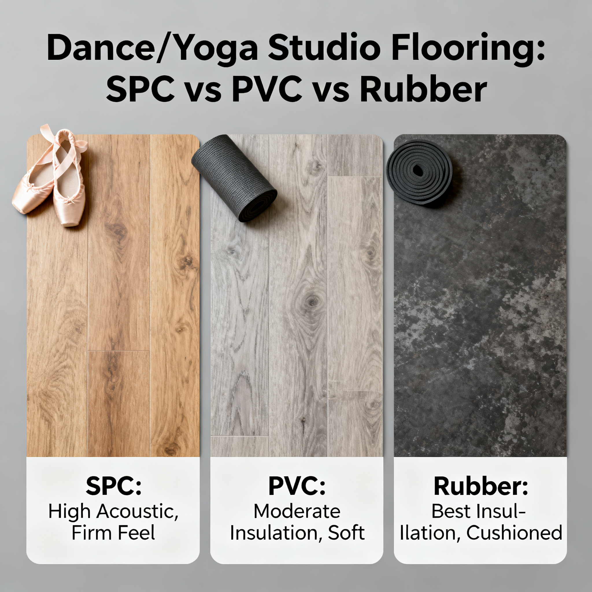 Flooring Material Comparison: SPC, PVC, and Rubber—Acoustic Insulation and Feel Tested—Are They Suitable for Dance and Yoga Studios?