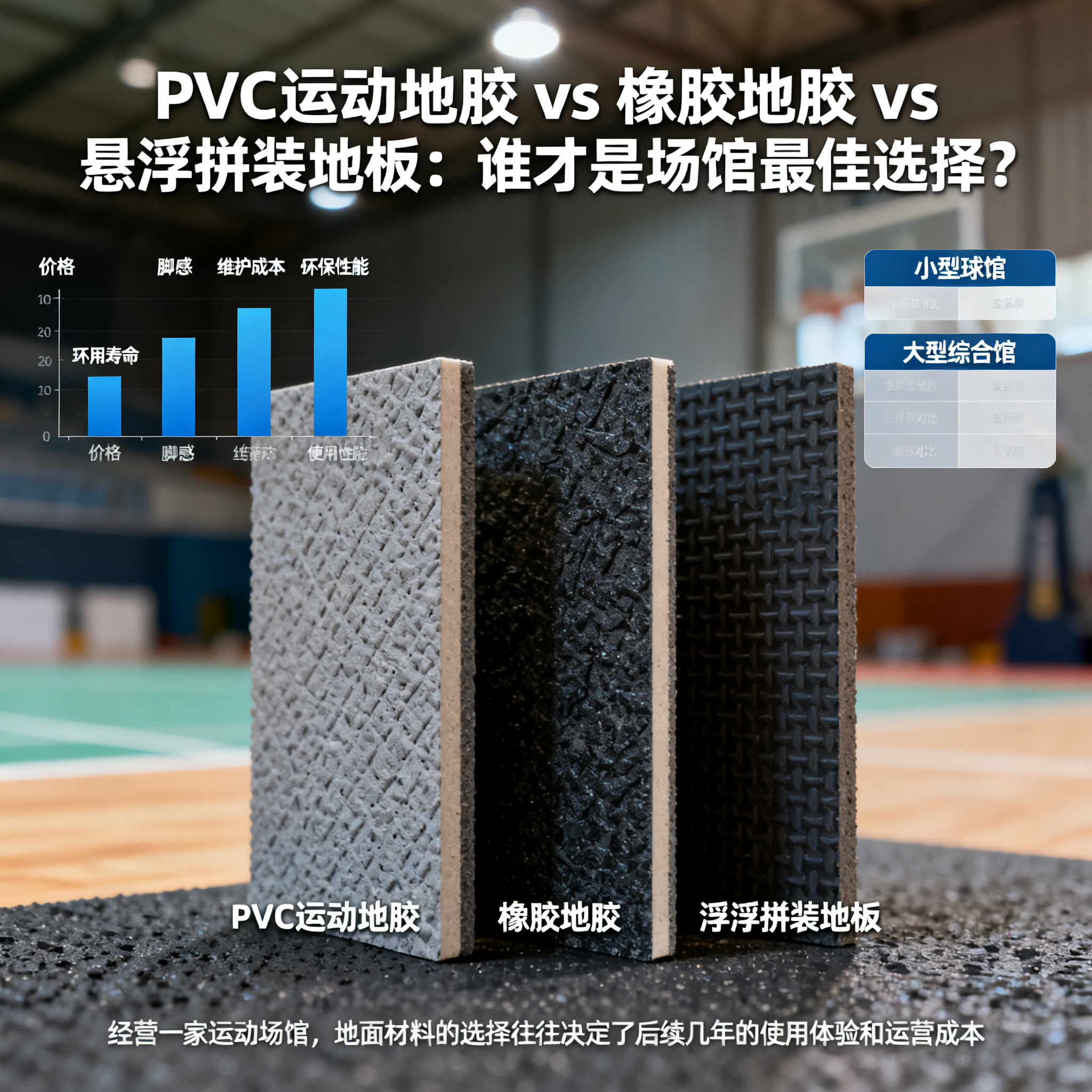 PVC运动地胶 vs 橡胶地胶 vs 悬浮拼装地板:谁才是场馆最佳选择?