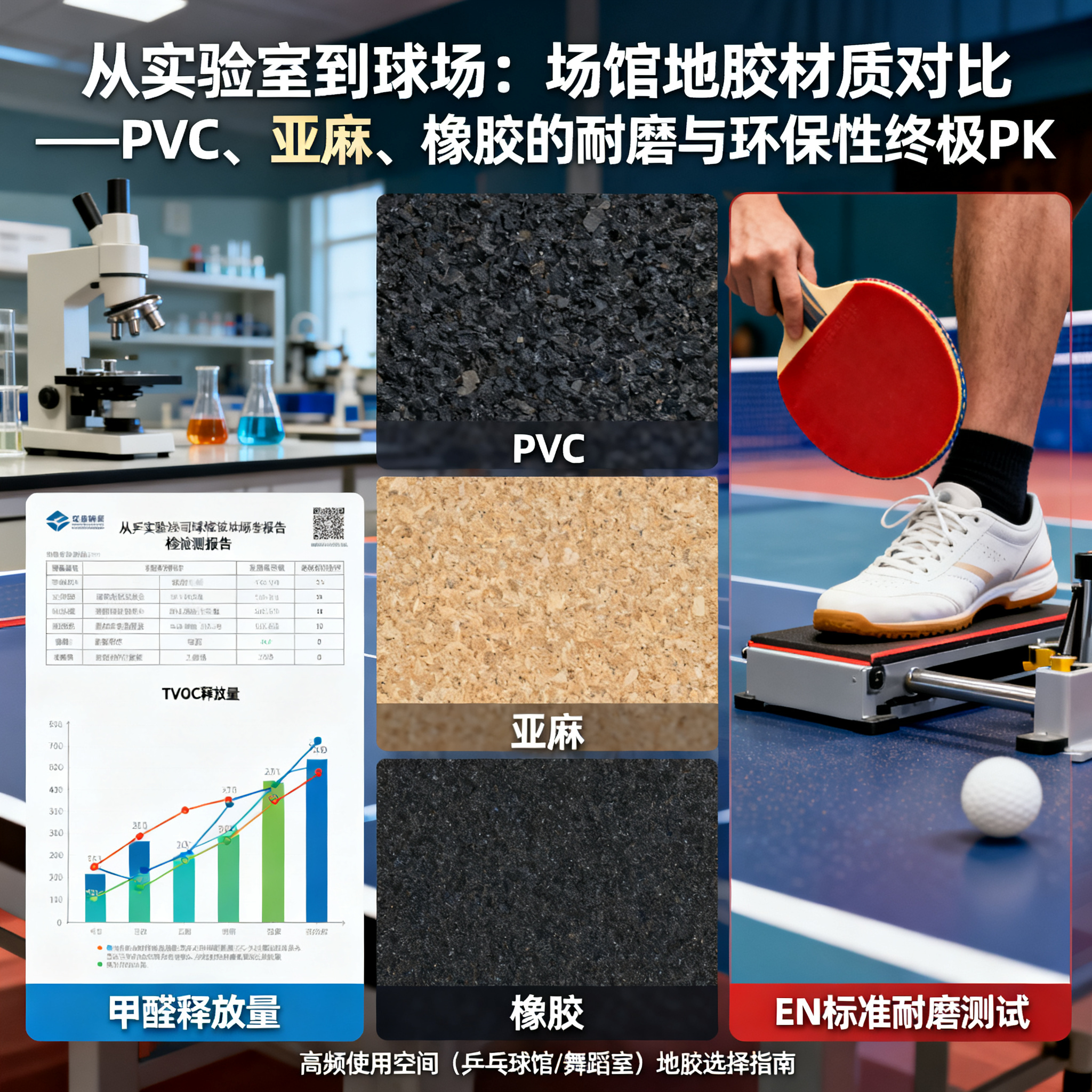 从实验室到球场:场馆地胶材质对比——PVC、亚麻、橡胶的耐磨与环保性终极PK