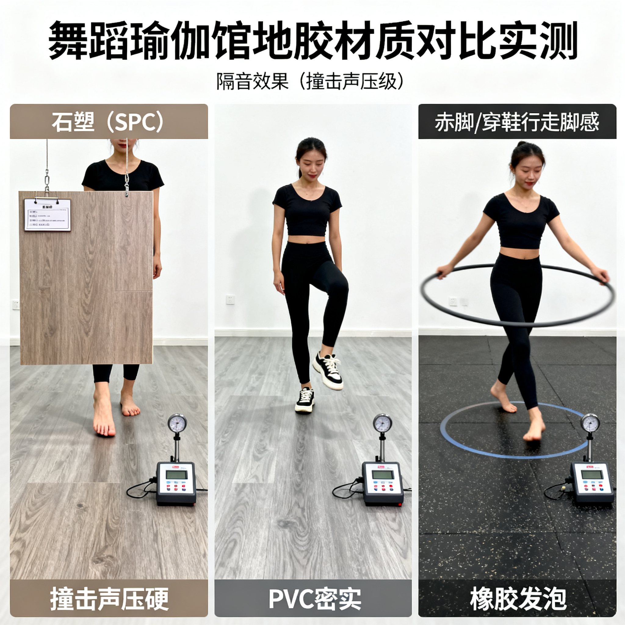 场馆地胶材质对比:石塑(SPC)、PVC、橡胶的隔音与脚感实测,适合舞蹈瑜伽馆吗?