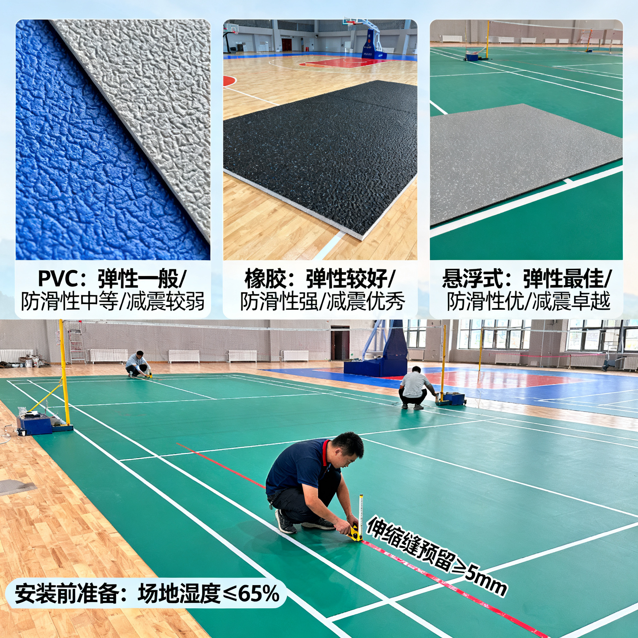 篮球馆、羽毛球馆地胶怎么选?安装前必看的材质对比与施工要点